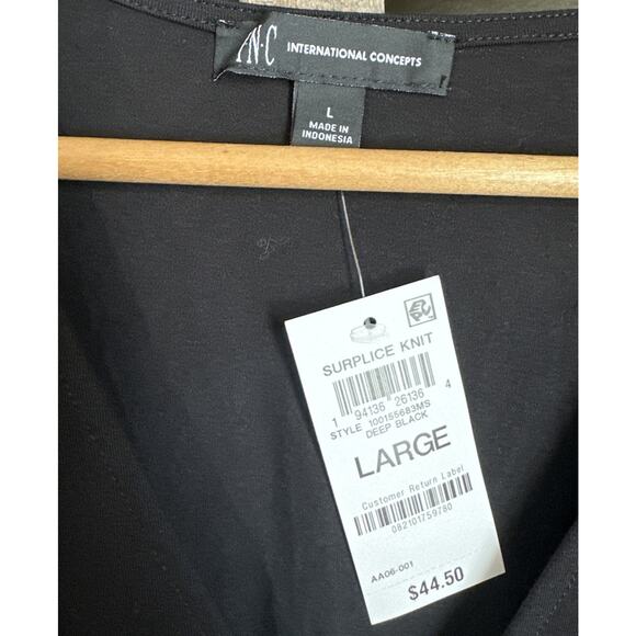NWT INC International Concepts Black Vneck Ruched Top Long Sleeve Size Large - Picture 3 of 5